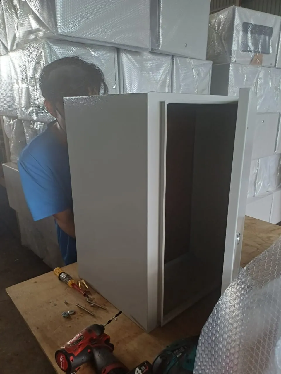 An electrical cabinet being fabricated in the KTM Transformers workshop.