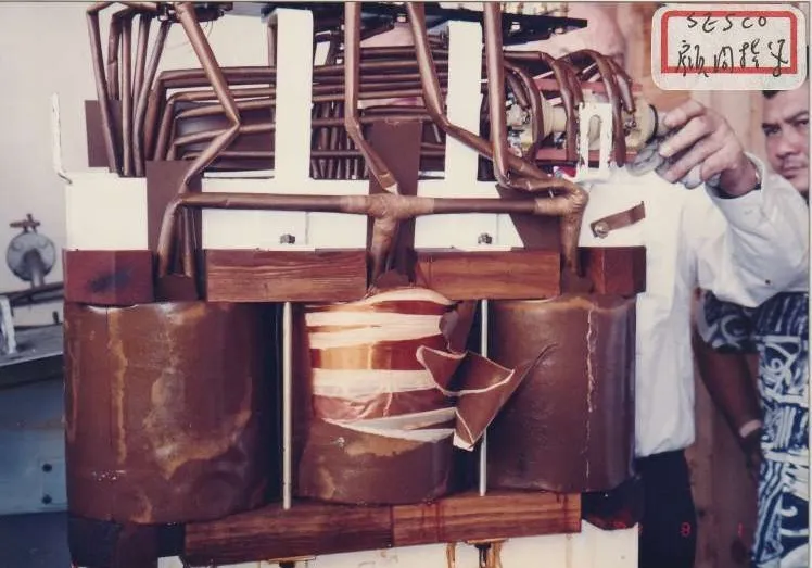 Close-up of copper windings and connections on a transformer built for SESCO.