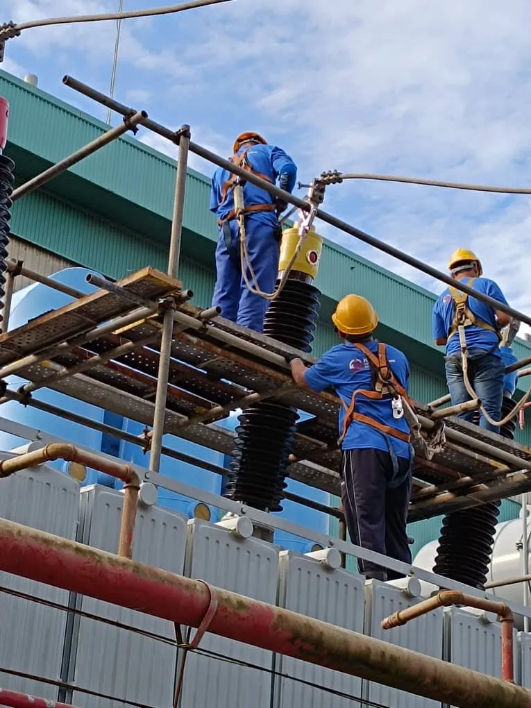 A crew replacing high-voltage bushings.