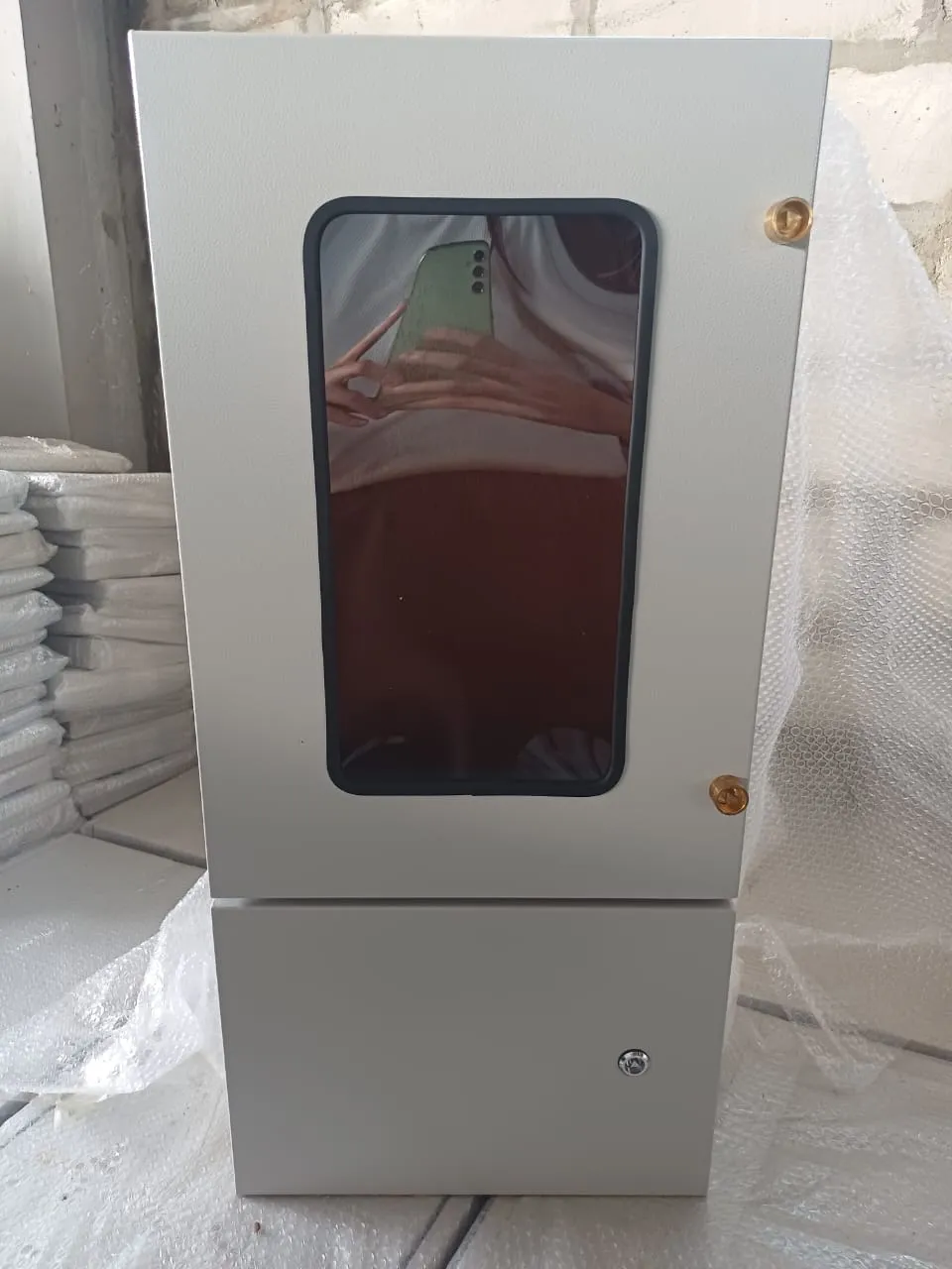 Detail of a fabricated metering cabinet.