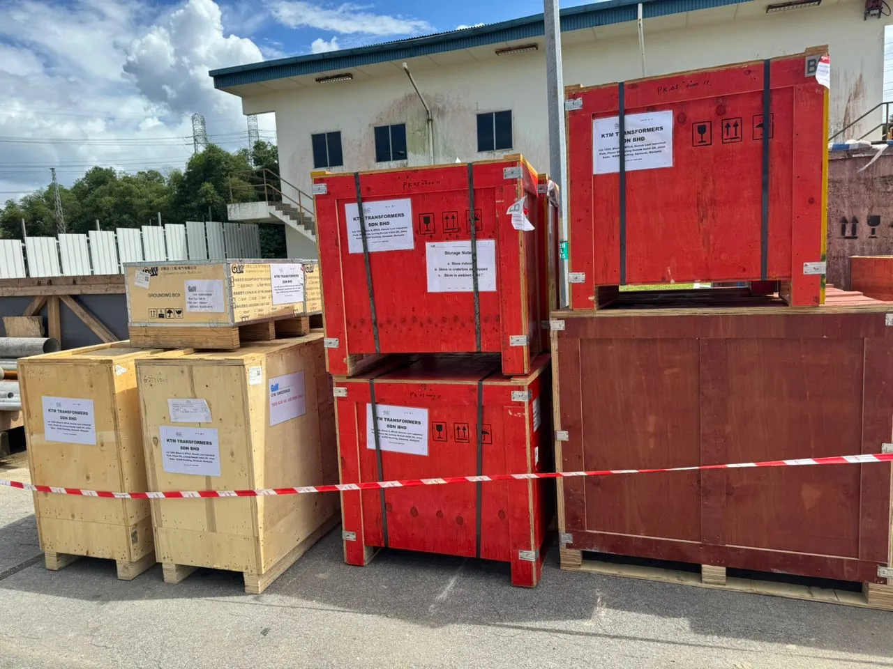 Crated high-voltage cable-termination kits delivered to site by KTM Transformers.